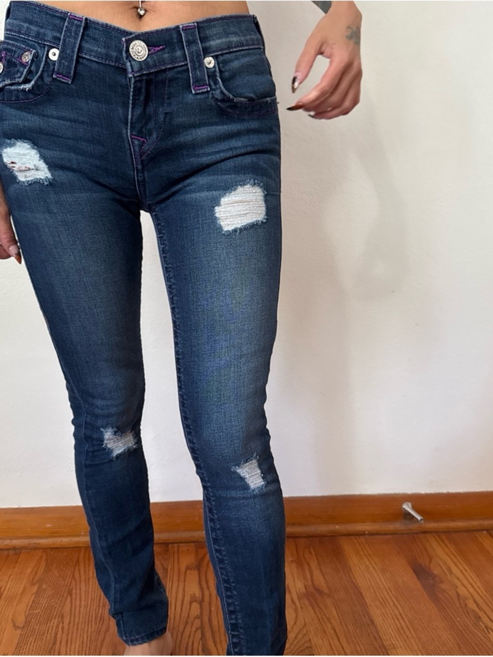 True Religion Dark Wash Distressed Skinny Jeans